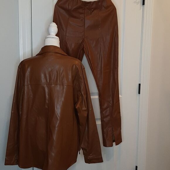 Brown Faux Leather Shirt and Pants Set - Picture 2 of 13